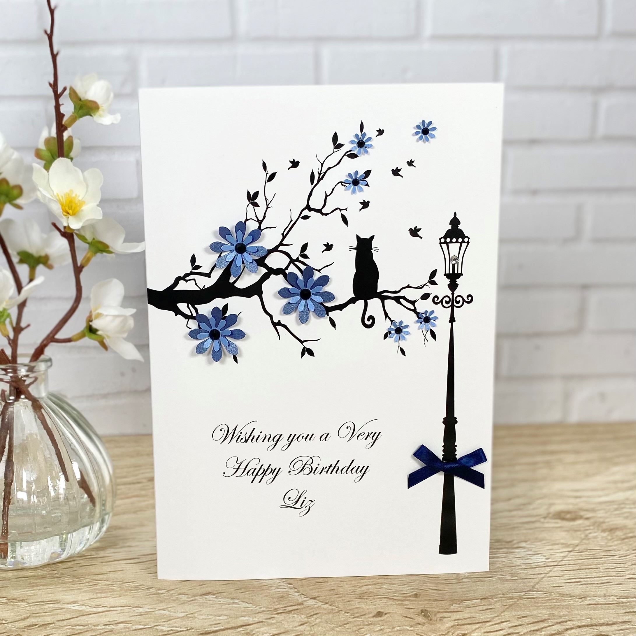 Handmade Birthday Card Cat in Branch A5 large card
