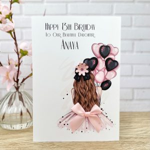 Handmade Birthday Card Girl with Pink Balloons Large Card A5