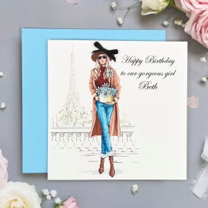 Handmade Birthday Card Girl with floral posy Square Card
