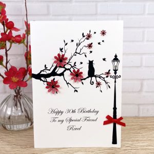 Handmade Birthday Card Red Cat in Branch A5 Card