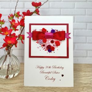 Handmade Birthday Card Satin Rosebud Heart A5 large size