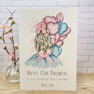 Handmade Birthday Card Girl With Pink and Blue Balloons A5 Large Card