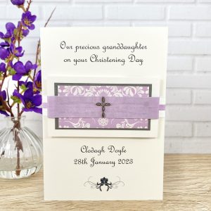 Handmade Christening Card Lilac Silver Cross A5 Large Card