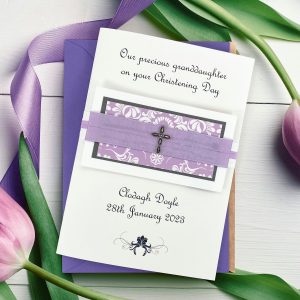 Handmade Christening Card Lilac Silver Cross A5 Large Card