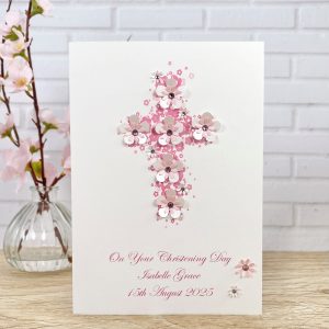 Handmade Christening Card Pink Floral Cross A5 Large Card
