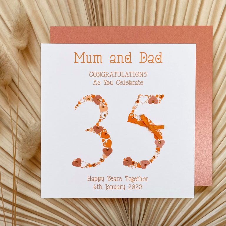 Handmade Coral Wedding Anniversary Card ‘Heart Numbers’
