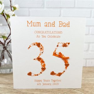 Handmade Coral Wedding Anniversary Card 35 Heart Numbers Square Card