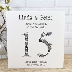 Handmade Crystal Anniversary Card 15 heart numbers Square Card