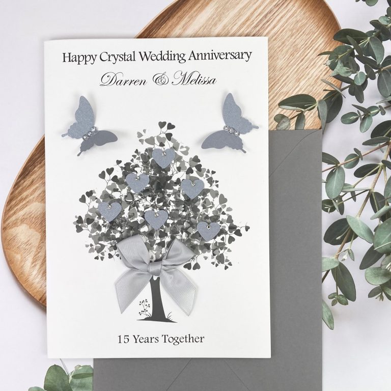 Handmade Crystal Wedding Anniversary Card ‘Heart Tree’