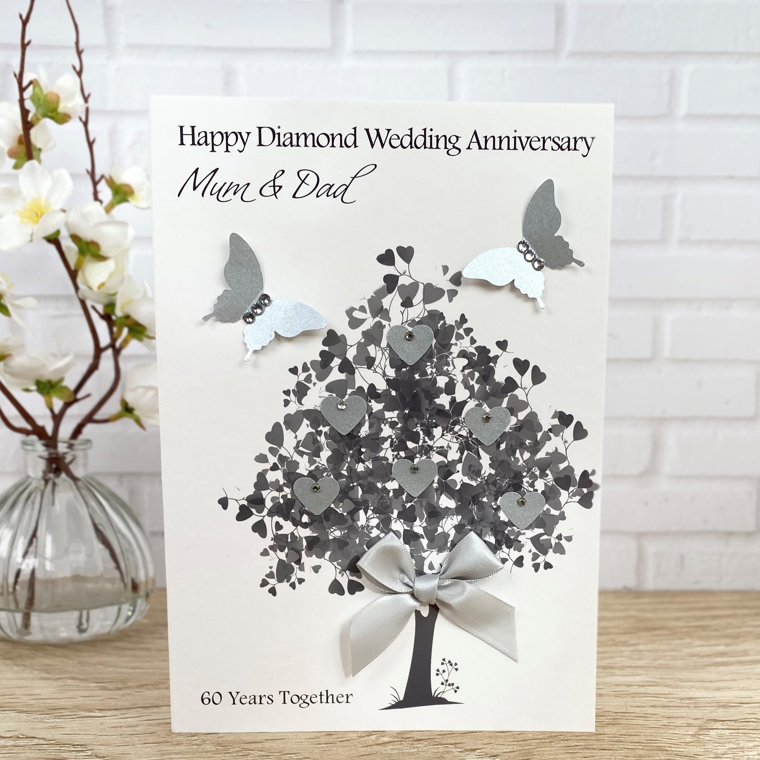 Handmade Diamond Wedding Anniversary Card Heart Tree A5 Card
