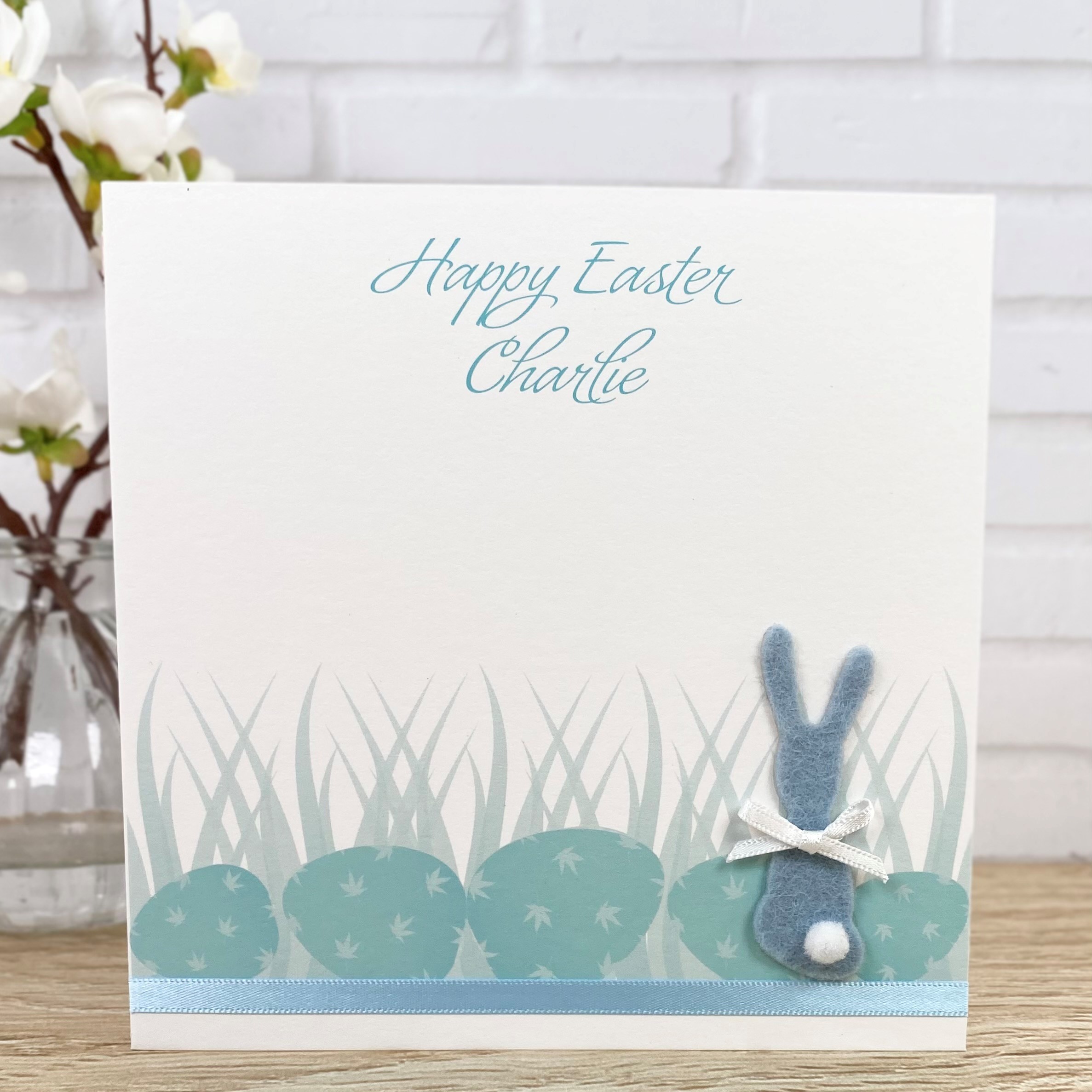 Handmade Easter Card Blue Felt Bunny Square Card