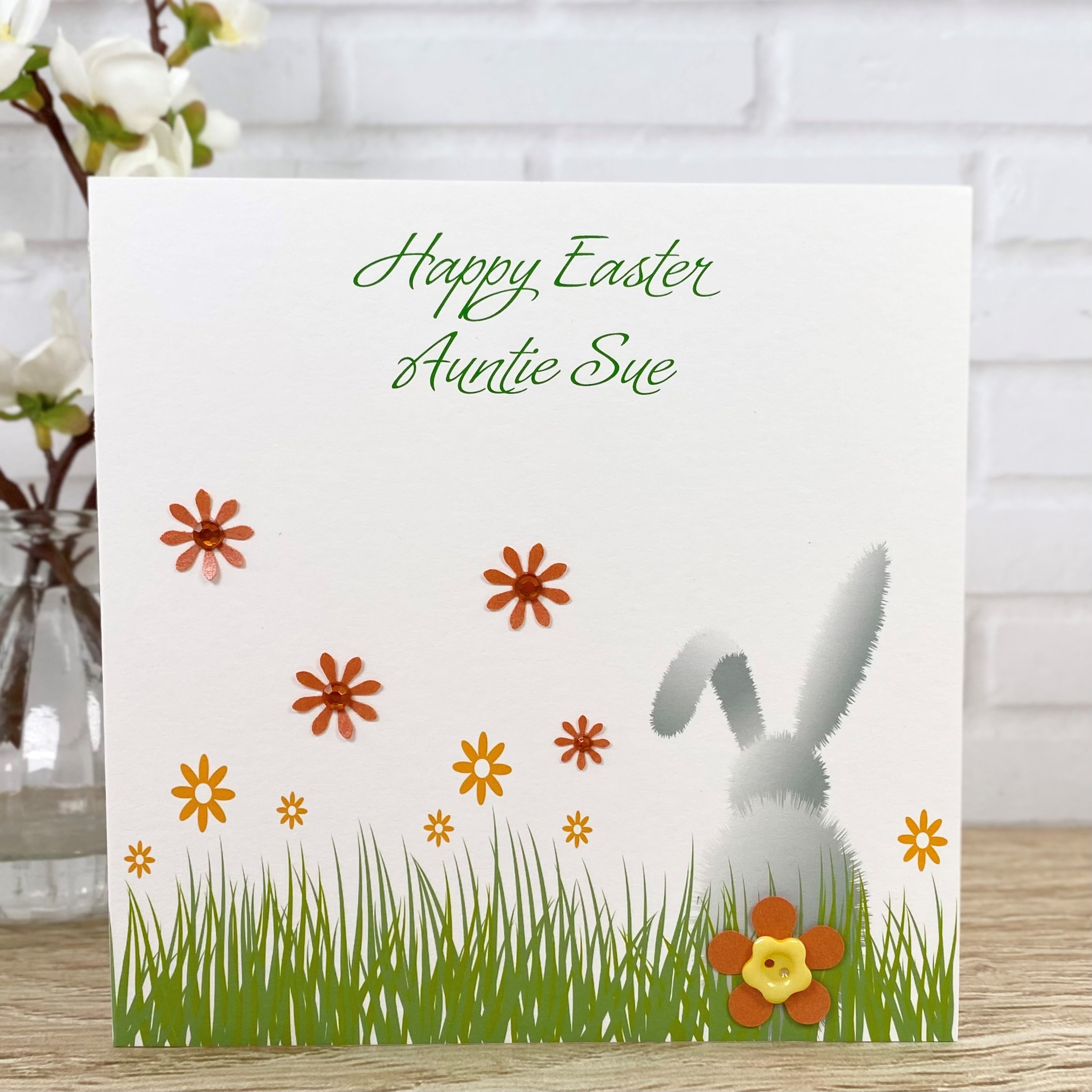 Handmade Easter Card White Bunny in Grass Square Card