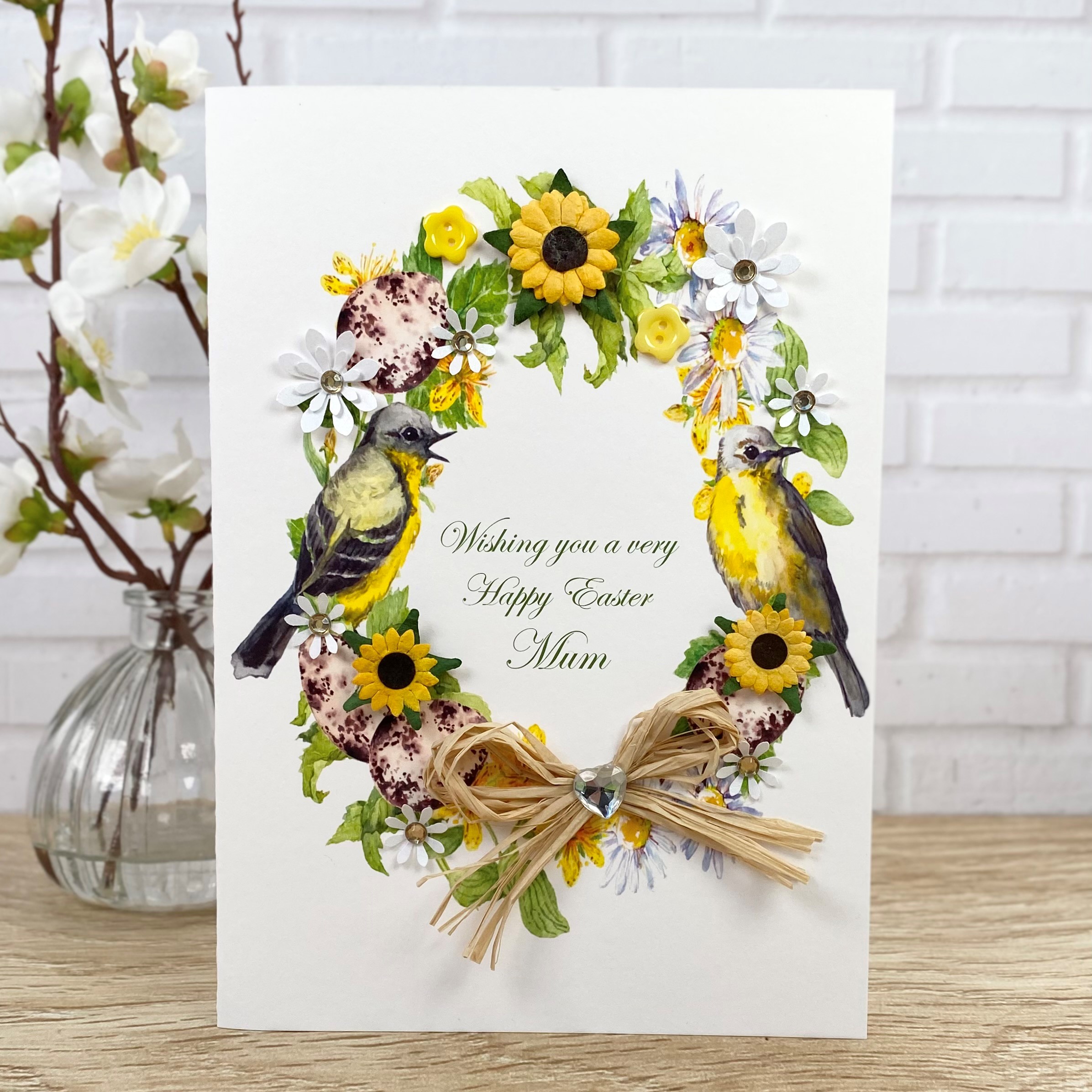 Handmade Easter Card Yellow Bird Floral Wreath A5 Card