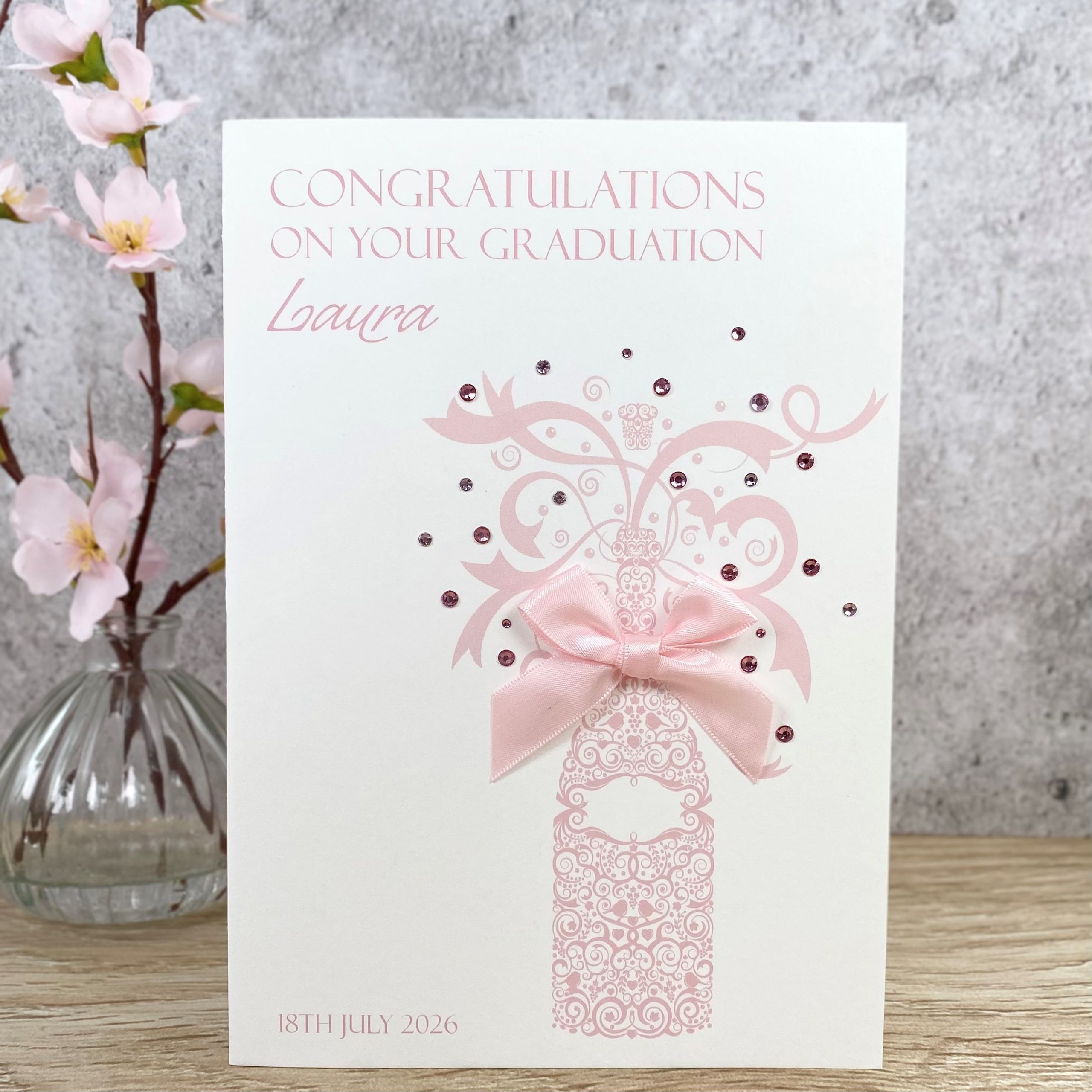 Handmade Graduation Card Pink Champagne A5 Large Card