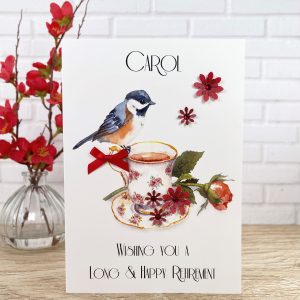 Handmade Retirement Card Bird on Teacup A5 Large Card