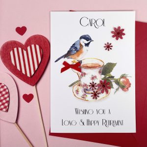Handmade Retirement Card Bird on Teacup A5 Large Card