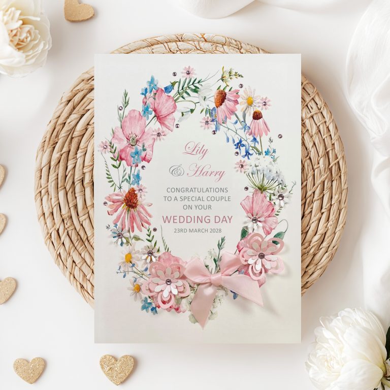 Handmade Personalised Wedding Card ‘Pink Florals’