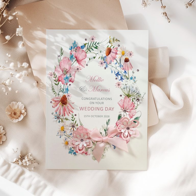 Handmade Personalised Wedding Card ‘Pink Florals’