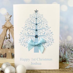 Handmade Babies Christmas Card Blue Christmas Tree for Grandson A5 large card