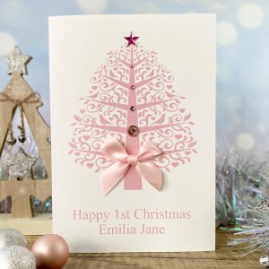 Handmade Babies Christmas Card Pink Christmas Tree for Granddaughter A5 large card