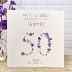 Handmade Birthday Card 50 Lila Heart Numbers Square Card