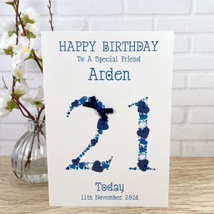 Handmade Birthday Card Heart Numbers Age 21 Blue A5 Card