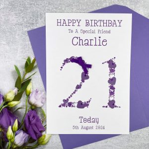 Handmade Birthday Card Heart Numbers Age 21 Purple A5 Card