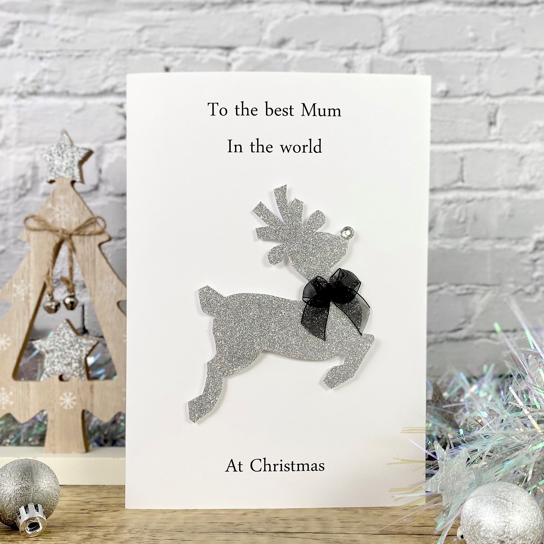 Handmade Christmas Card Sparkling Silver Reindeer A5 large card for daughter