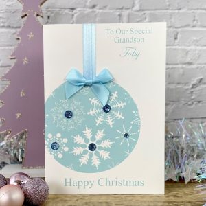 Handmade Christmas Cards Childrens Blue Bauble A4 extra large card.jpg