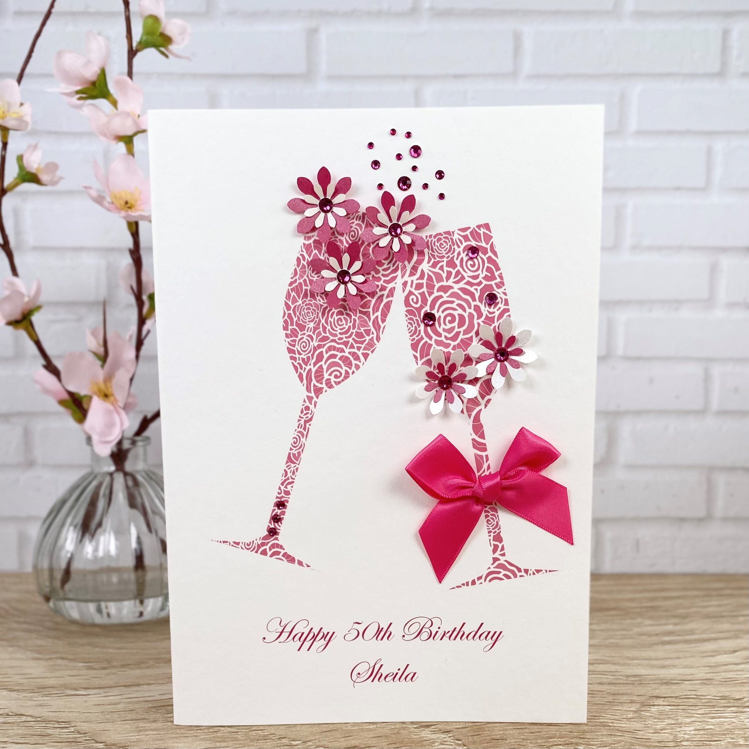 Handmade Birthday Card Cerise Pink Champagne Toast Large Card