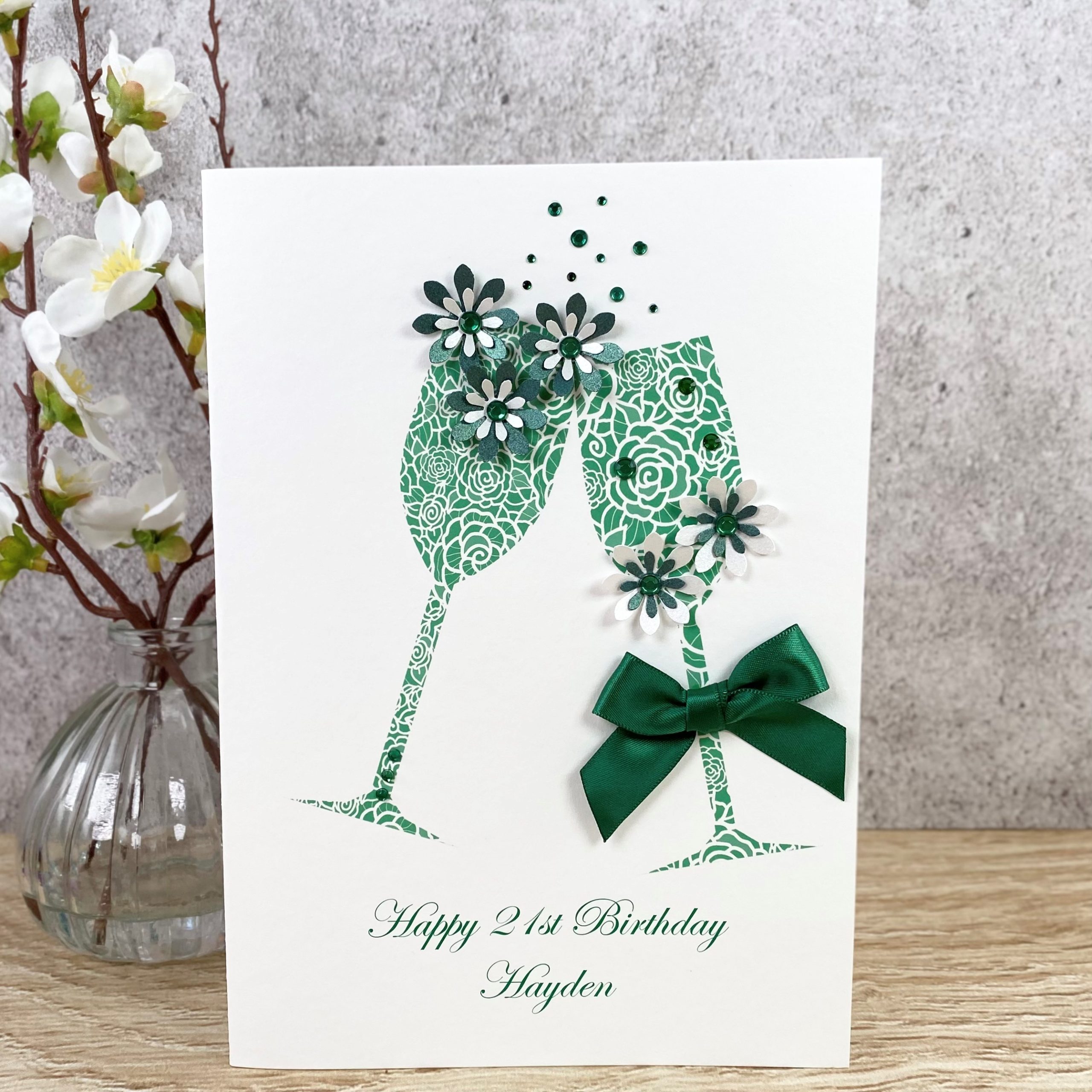 Handmade Birthday Card Green Champagne Toast Large Card
