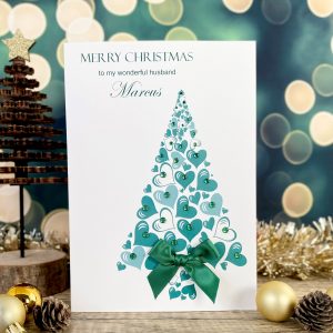 Handmade Christmas Card for husband green heart Tree A5 large size