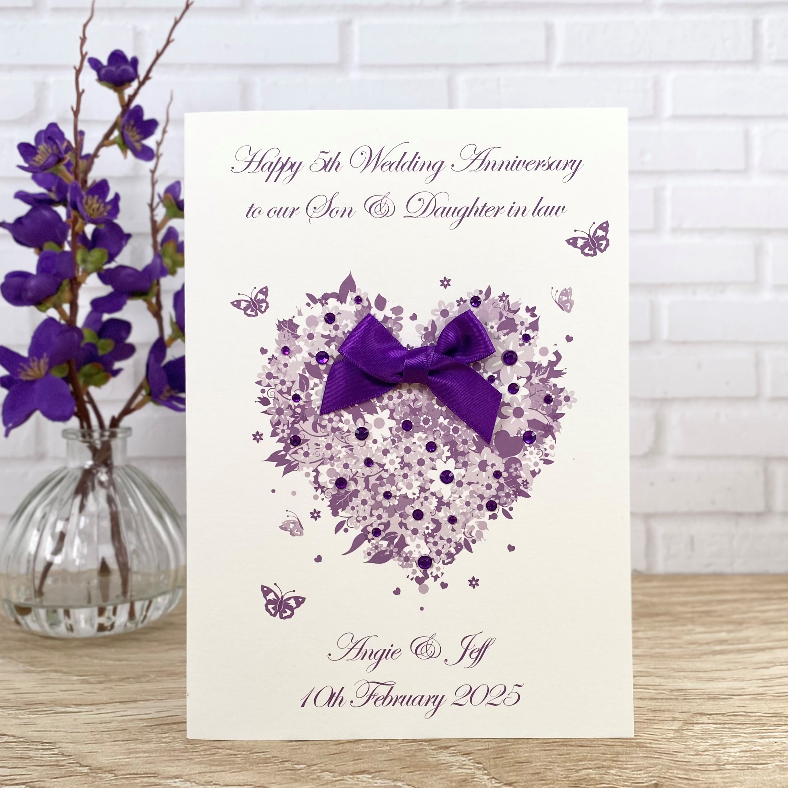 Handmade Wedding Anniversary Card Purple Floral Heart A5 Large Card