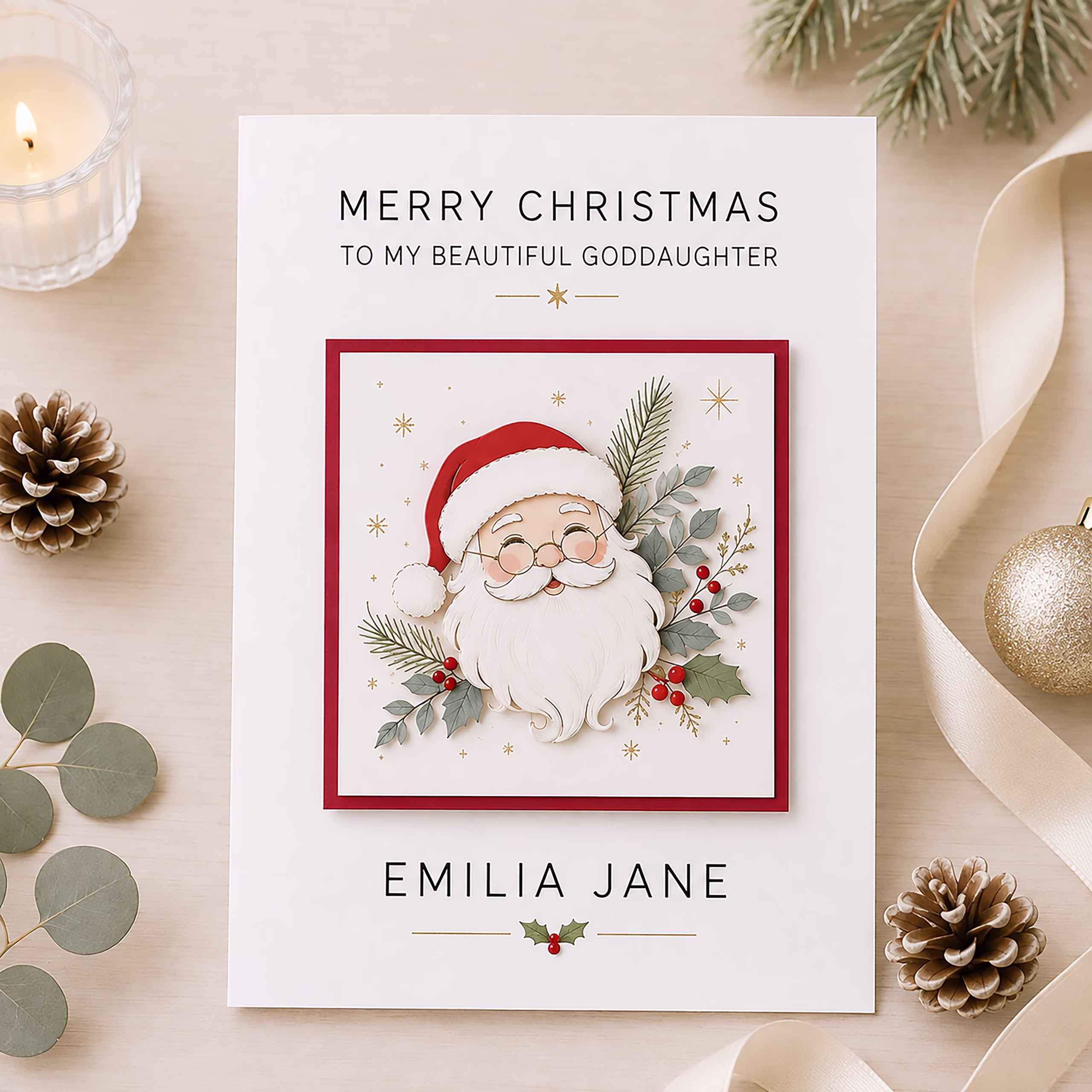Personalised festive card for two grandsons with a traditional Santa portrait, holly, winter foliage and their names printed beneath the design.