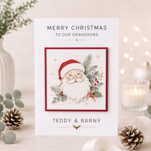White personalised Christmas card for grandsons featuring a smiling Santa illustration surrounded by festive greenery, red berries and gold details.