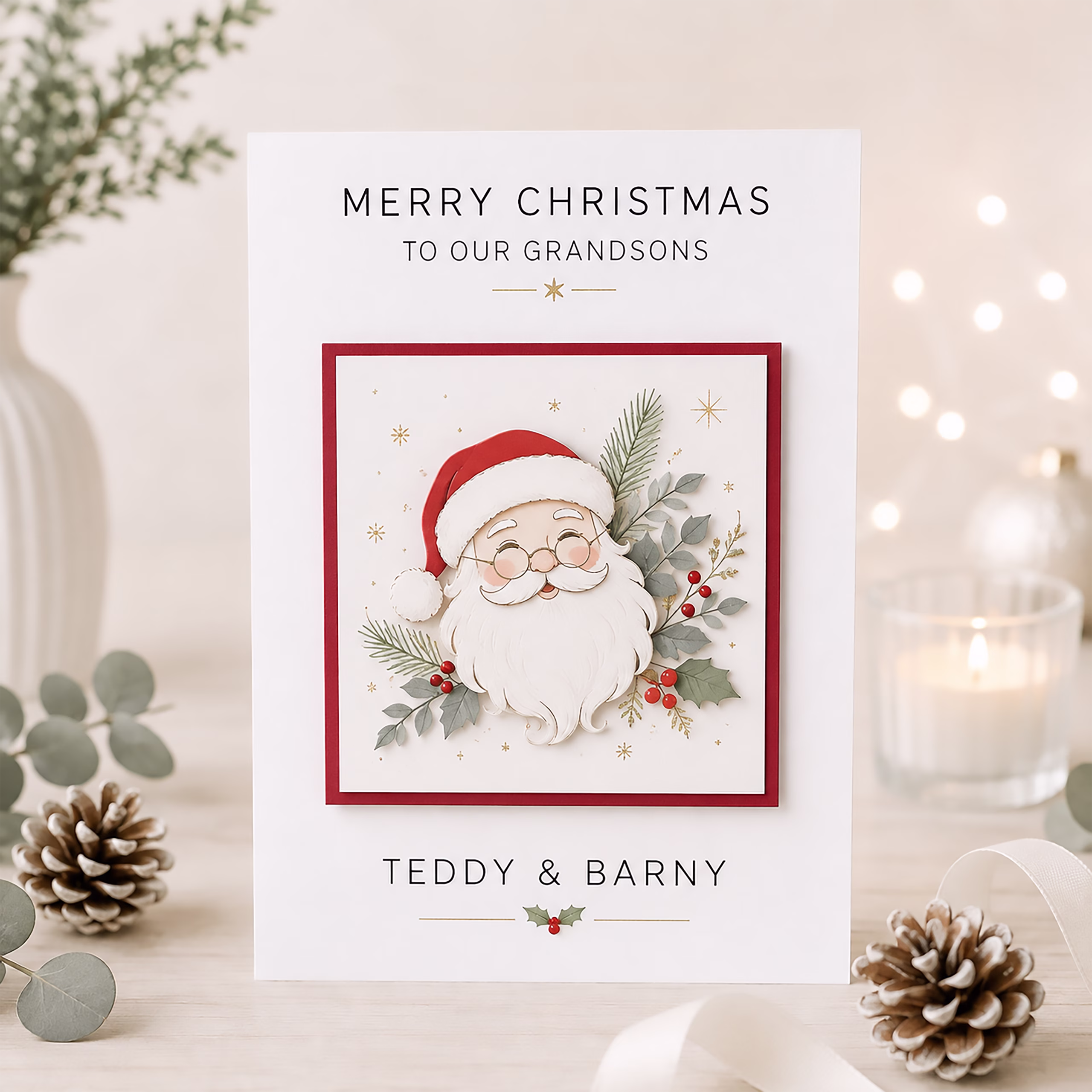 White personalised Christmas card for grandsons featuring a smiling Santa illustration surrounded by festive greenery, red berries and gold details.