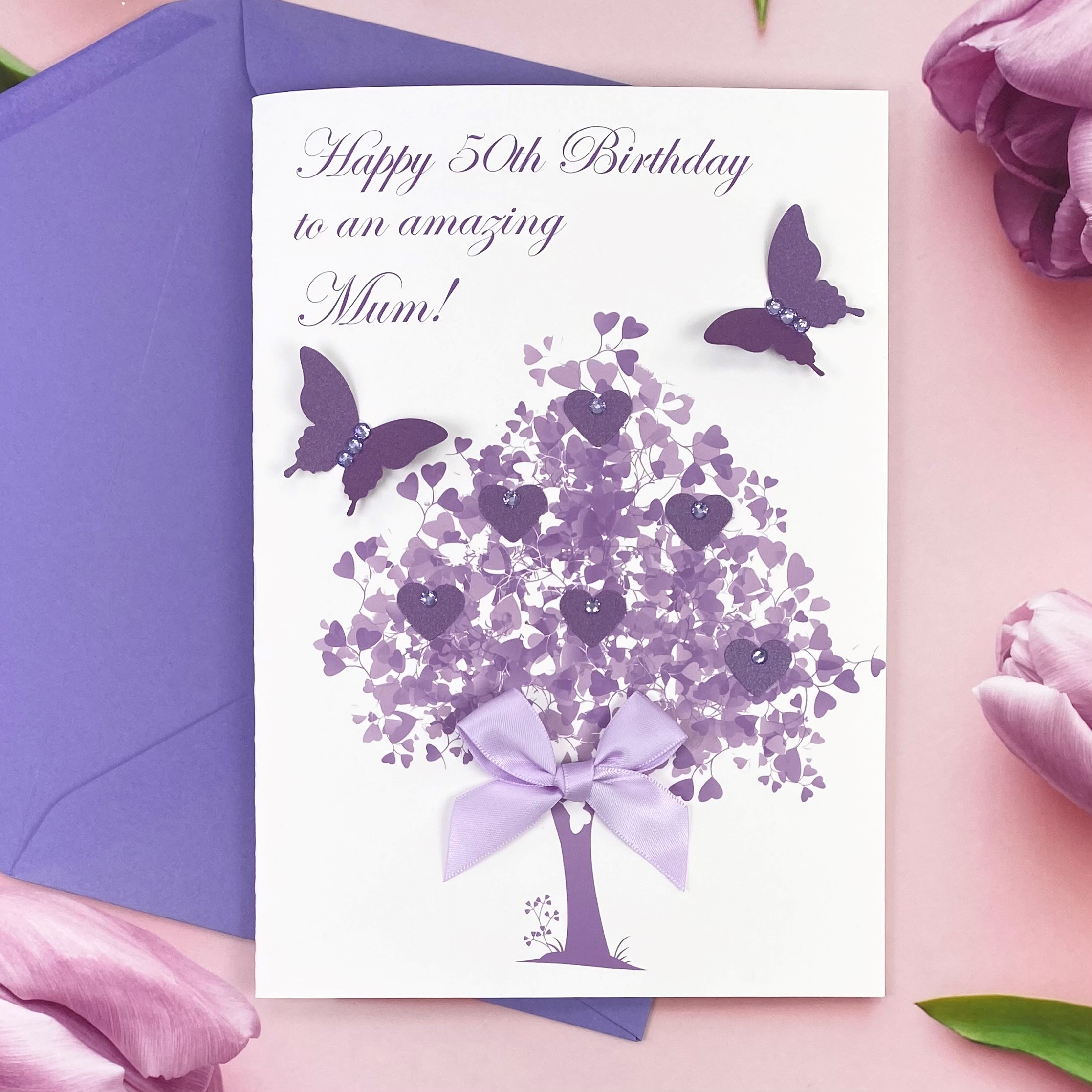 Handmade Birthday Card Lilac Heart Tree A5 Large Card