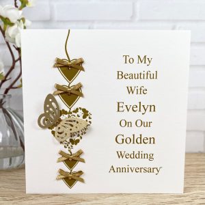 Handmade Golden Wedding Anniversary Card Gold Heart Chain Square Card