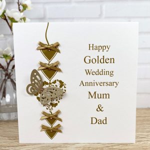 Handmade Golden Wedding Anniversary Cards Gold Heart Chain Square Card