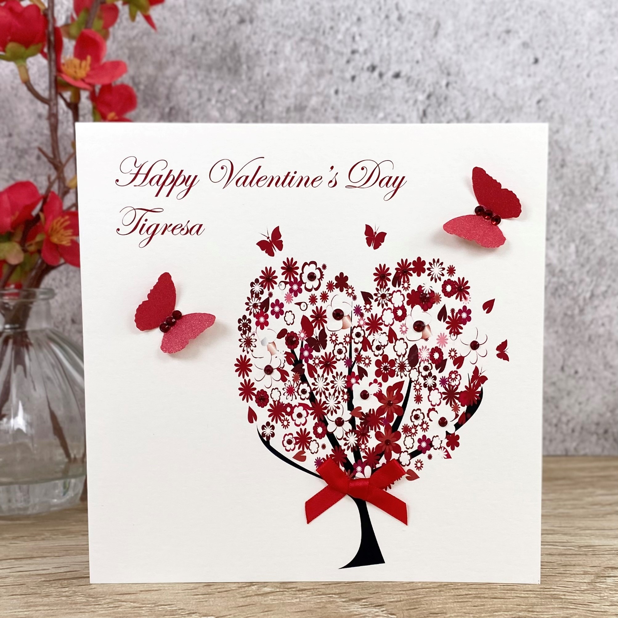 Handmade Valentine's Card Red Flower Heart Tree A5 Large Card
