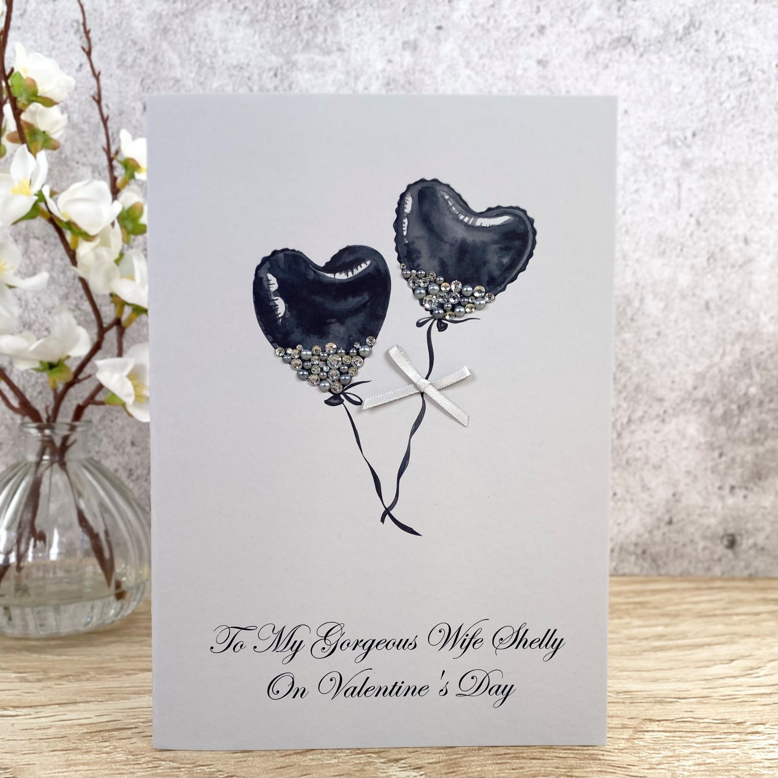 Handmade Valentine's Card Silver Heart Balloons A5 Large Card