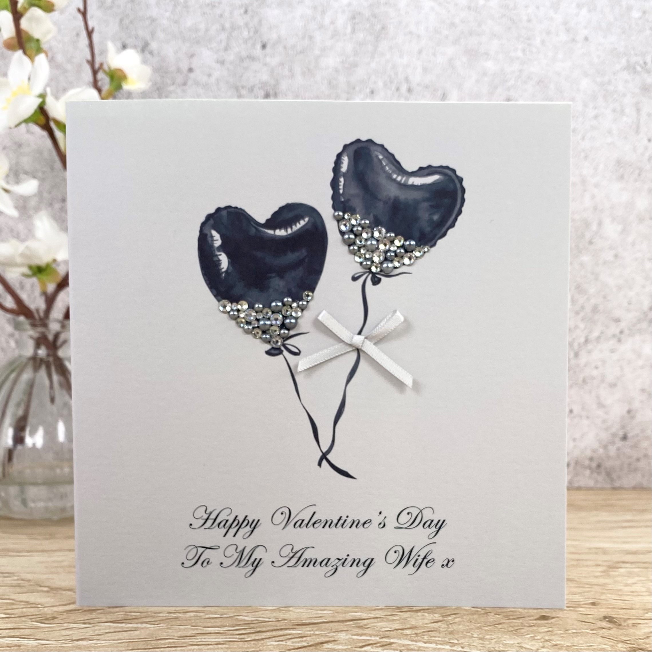 Handmade Valentine's Card Silver Heart Balloons Square Card