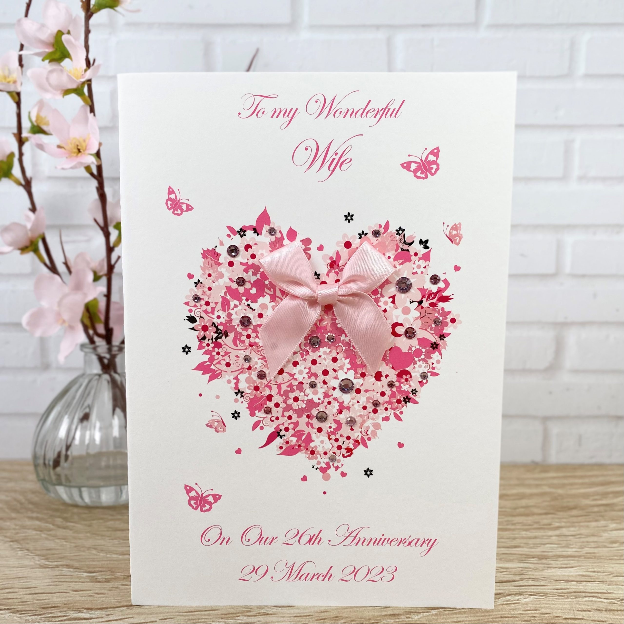 Handmade Wedding Anniversary Card Pink Floral Heart A5 Card