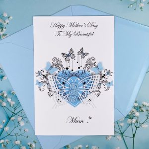 Luxury Handmade Mother's Day Card Blue Rosebud Butterfly A5 Large Card
