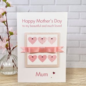 Luxury Handmade Mother's Day Card Pink Satin Bow Hearts A5 Large Card