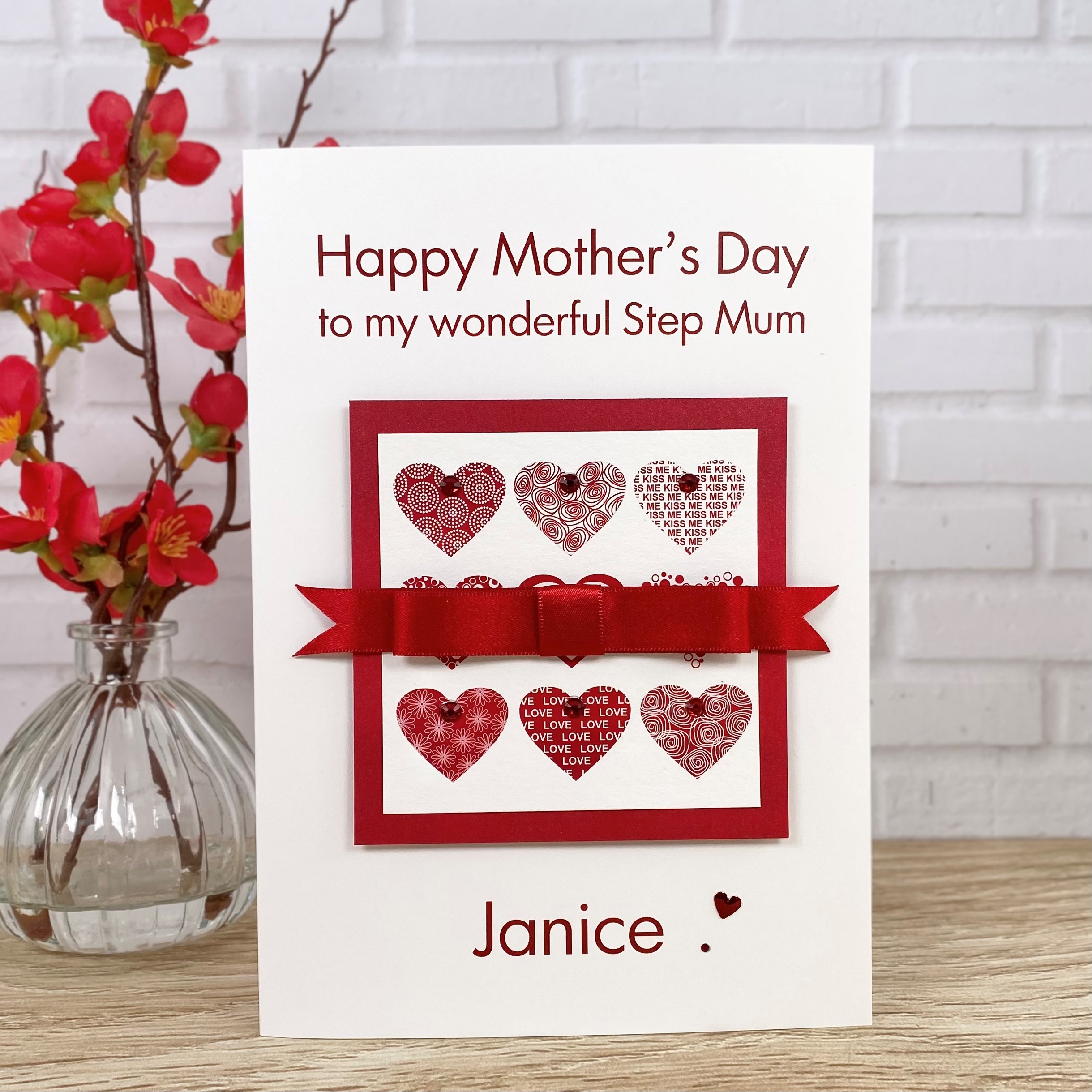 Luxury Handmade Mother's Day Card Red Satin Bow Hearts A5 Large Card