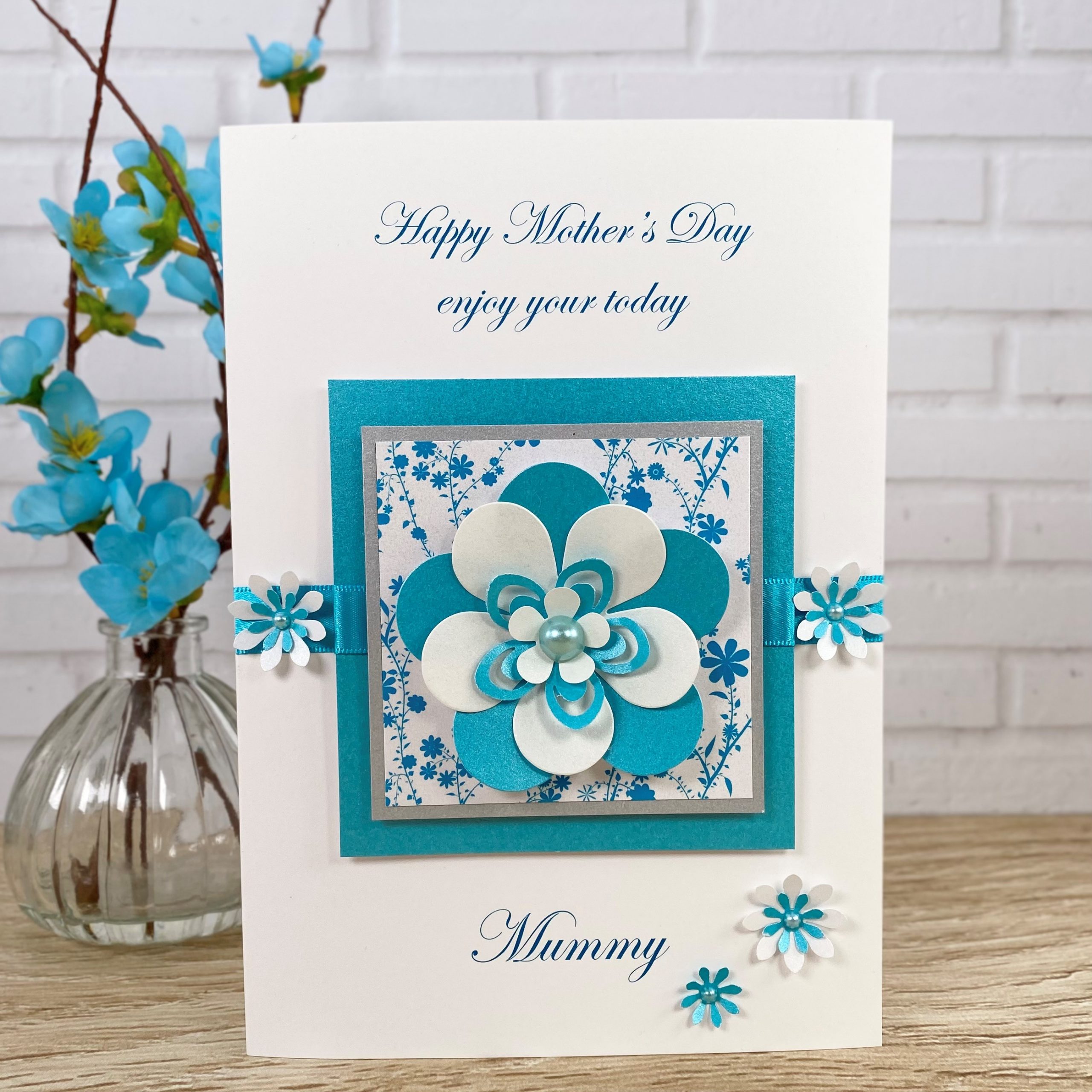 Luxury Handmade Mother's Day Card Turquoise Exquisite Flower A5 Large Card