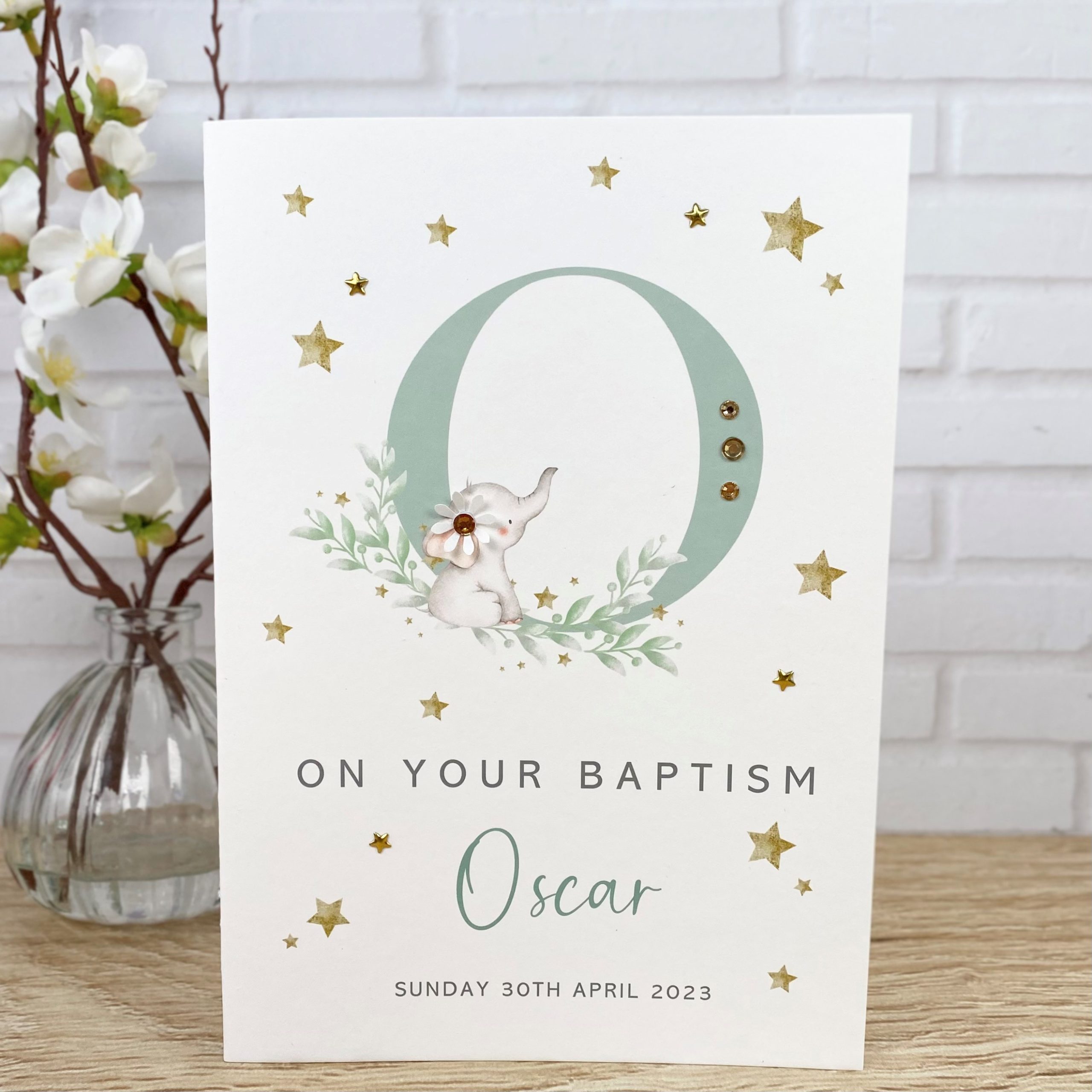 Handmade Baptism Card Sage Alphabet O A5 Card