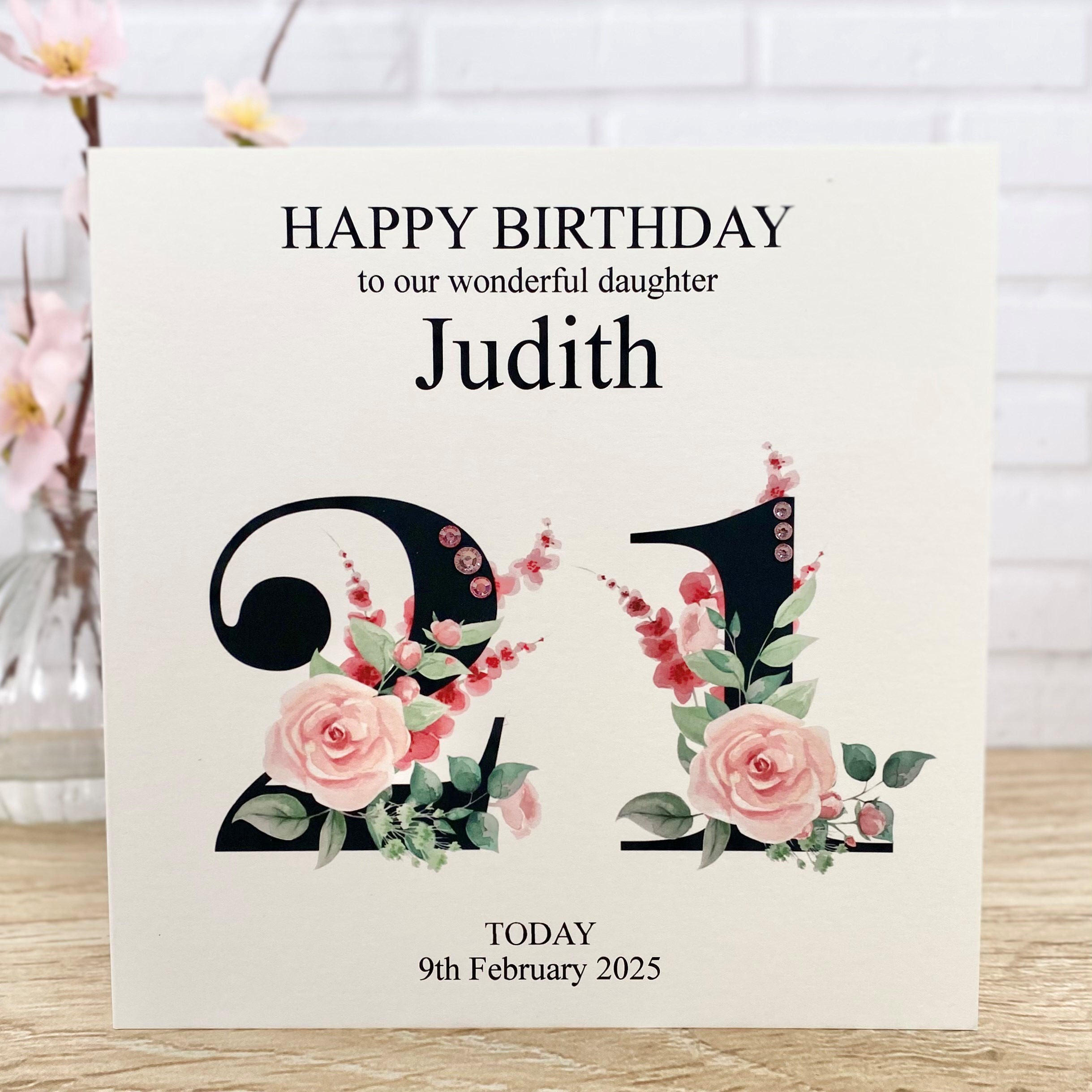 Handmade Birthday Card Age 21 Floral Numbers Square Card
