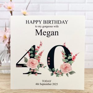 Handmade Birthday Card Age 40 Floral Numbers Square Card